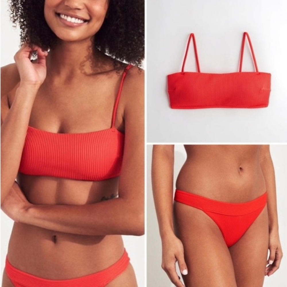 Hollister Coral Red Ribbed Cheeky Bikini Set